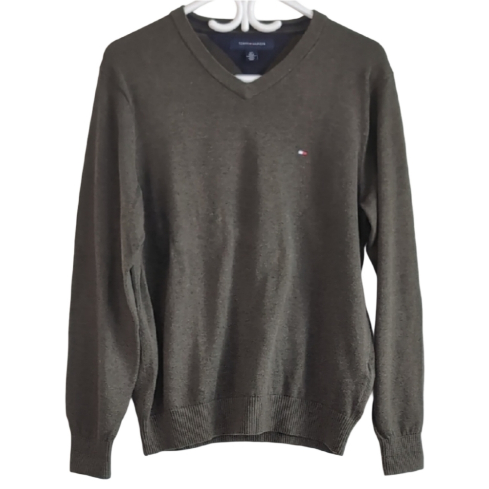 Tommy Hilfiger Men's Small Green Cotton Knit Soft Long Sleeve V Neck Sweater‎